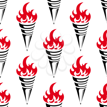 Seamless vintage background of medieval torches with bright red fire flames in repeated motif for sporting or historic design