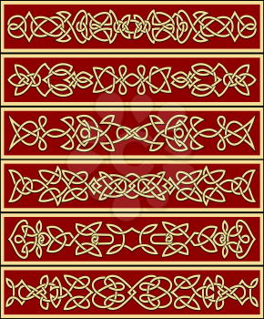 Yellow celtic traditional floral ornaments on red background in frame suited for ethnic decoration or historic concept design