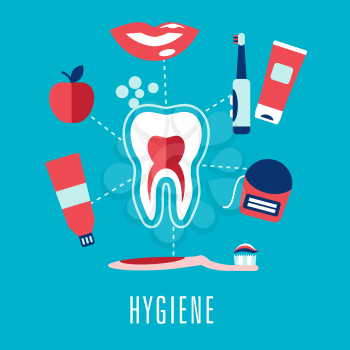 Dental hygiene medical concept with cross section of healthy tooth surrounded toothbrush, toothy smile, apple, toothpaste, floss and caption Hygiene. Flat style