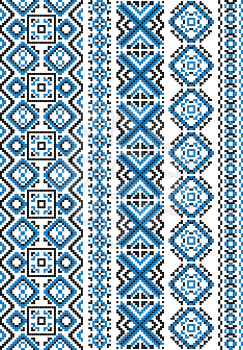 Ethnic embroidery patterns and borders with blue geometric ornament for needlework template or fabric design 