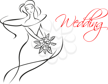 Silhouette of young graceful bride in outline style with bouquet of flowers and caption wedding with copy space