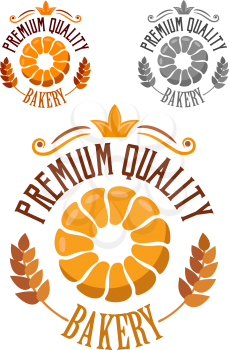 Premium Bakery badge or label with ears of ripe wheat, round croissant and text in a circular design in three colour variations