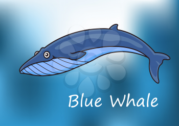 Cartoon blue whale swimming underwater with dappled sunlight and the text Blue Whale below