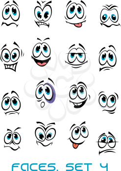 Cartoon faces set with different emotions as happy, fun, smile, surprise, sad, angry, feel and other