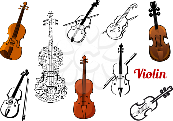 Set of vector violin music instruments in color or black and white some with a bow and one composed of music notes