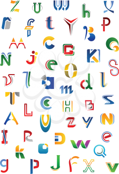 Colorful alphabet letters and fonts on a white background, for logo or emblem design