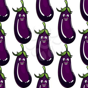Seamless background pattern of a ripe purple eggplant or brinjal with a cute happy grin, square format repeat motif on white