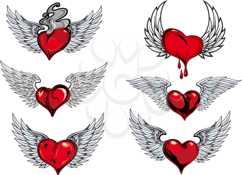 Colorful red and grey winged heart icons with one dripping blood, one smoking hot, in different shapes for tattoo design