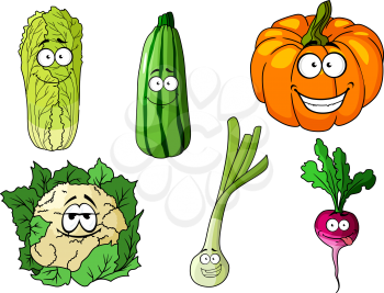 Happy colorful fresh cartoon vegetables including a cucumber, pumpkin, cauliflower, onion, radish and cos lettuce