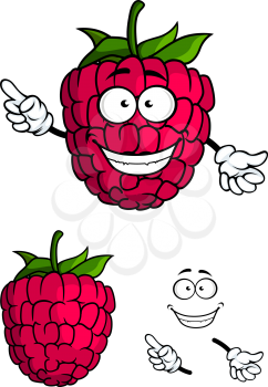 Cute happy smiling cartoon raspberry fruit pointing upwards with one hand with a second plain variant with hand and smile elements