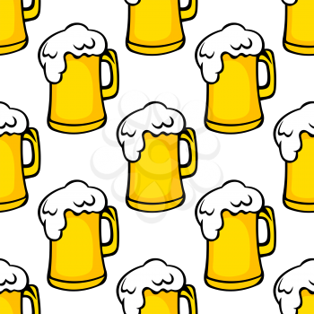 Seamless pattern of yellow frothy beer tankards. Suitable for pub, oktoberfest and restaurant design