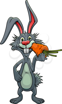 Funny cartoon grey rabbit with long ears standing eating a carrot, for easter design
