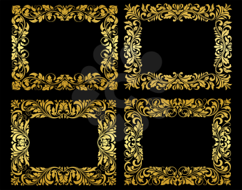 Ornate gold floral and foliate frames in elegant flowing patterns, design elements on black