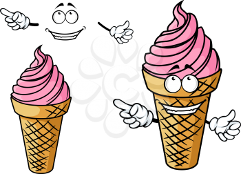 Cartoon happy pink ice cream character depicting cold sweet dessert with strawberry flavor in waffle cone for food pack or wrapping design
