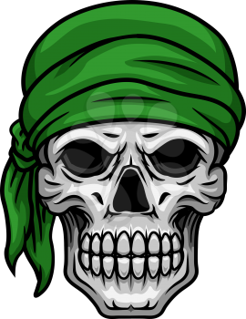 Cartooned scary skull with sullen bared teeth in green bandana isolated on white background for halloween party or t shirt print design