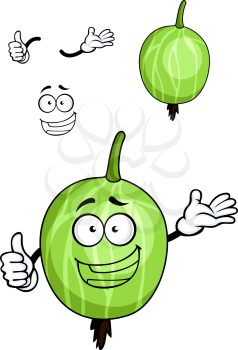 Fresh cartoon gooseberry fruit character depicting green striped berry with stalk and perianth and another variant with separated elements