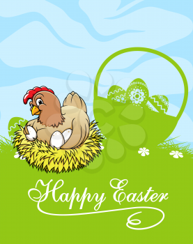 Easter greeting card template in cartoon style depicting green meadow with cute chicken on nest near wicker basket with decorated easter eggs