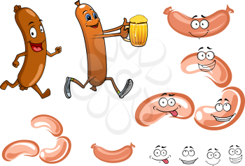 Cartoon sausages and frankfurters with funny faces running with glass of cold beer suitable for oktoberfest party or food pack design