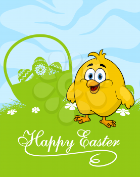 Happy easter greeting card template depicting cute cartoon yellow chicken standing near basket with decorated easter eggs on the green lawn with spring flowers