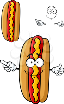 Smiling cartoon hotdog character with fresh bun, red hot sausage and yellow wavy line of mustard for fast food or barbecue party design