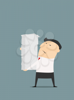 Tired overworked businessman with closed eyes carrying heavy high stack of papers in cartoon style suited for paperwork business concept design
