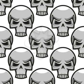 Seamless gray scary skulls pattern in cartoon style on white background suited for halloween or pirate party decoration design