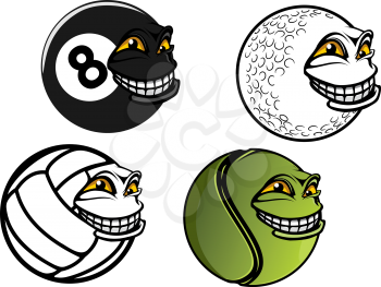 Cartoon traditional sports balls characters for tennis, golf, volleyball, billiard with grinning faces suited sporting mascot design 