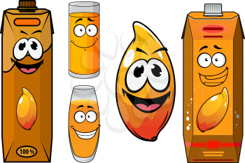 Fresh mango juice cartoon characters with ripe glossy orange mango fruit, glasses and boxes of juice with funny faces for food pack design