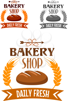 Bakery shop emblem or logo depicting fresh hot loaf of rye bread bordered golden wheat ears and ribbon banner with text Daily Fresh in different colors variations