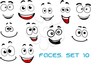 Happy and joyful emotions on cartoon smiling faces for humor caricature or comic design