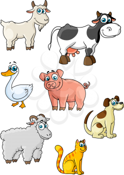 Funny cartoon farm animals and bird characters depicting cow, sheep, pig, dog, cat, goat, goose suited for childish decor or education concept design