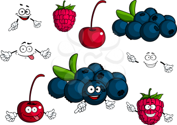 Cherry, raspberry, blueberries cartoon characters showing smiling luscious blue and red berries with green leaves and stalks for healthy dessert concept or food pack design