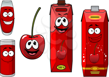 Ripe red cute cherry fruit with cardboard packs and filled glasses of sweet and sour cherry juice in cartoon style for healthy nutrition concept design