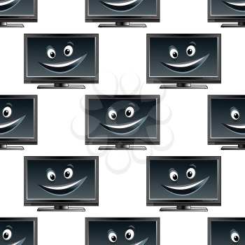 TV screen seamless pattern with happy cartoon flat lcd monitor characters on white background for textile or page fill design