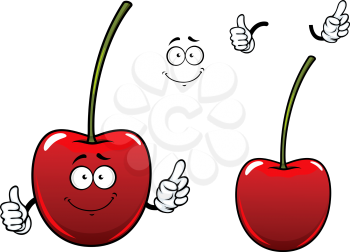 Happy cherry fruit cartoon character showing fresh glossy red berry with long green stalk and thumb up gesture suited for food pack design