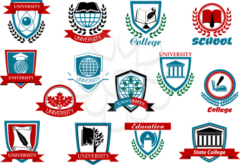 School, university or college educational emblems and symbols with education elements