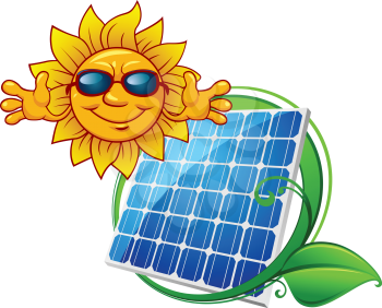 Solar panel device with smiling sun in sunglasses and green frame with leaves for environment concept design