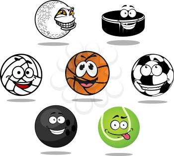 Cartoon game balls characters with soccer, golf, basketball, volleyball, bowling, tennis balls and hockey puck