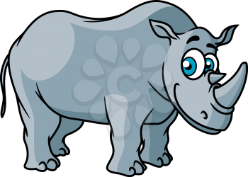 Cartoon grey rhino character with big funny eyes isolated on white background