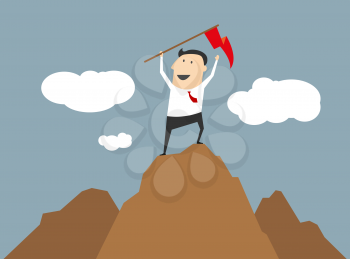 Businessman celebrating his success and achievements standing on top of a mountain summit waving a red flag