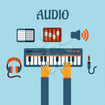 Sound recording flat concept with person playing an electronic keyboard with earphones, volume sliders, megaphone, tablet or MP3 player and a sound jack or plug