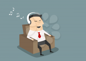 Cartoon businessman sitting on a brown chair and listening music through headset
