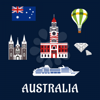 National Australian symbols and icons as landmarks, flag, diamond, balloon and travel ship for tourism industry design