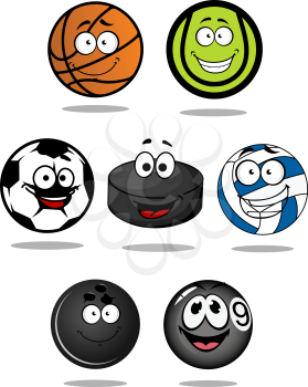 Set of cartoon sports balls characters for basketball, tennis, snooker, pool, bowling, football, hockey puck, and volleyball mascot design
