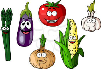 Set of colorful cartoon vegetables with happy smiling faces including corn, eggplant, asparagus, onion, garlic and tomato