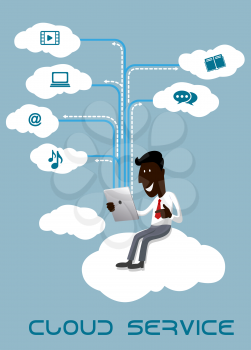 Cloud service concept with cartoon afroamerican happy man with tablet computer sitting on a cloud connected with other media services on blue background