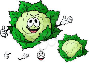Happy smiling green cartoon cauliflower vegetable character waving with a second variation with no face and separate elements,