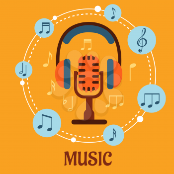 Music, sound and entertainment concept with microphone and earphones surrounded by circular icons with music notes and the text Music