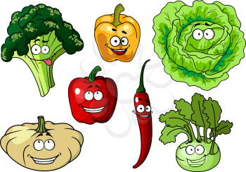 Fresh healthy cartoon vegetables characters with beaming smiles including broccoli, bell pepper, lettuce, chili pepper, kohl and pumpkin or squash, vector illustration isolated on white