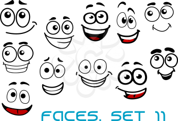 Cartoon emotional funny faces characters with cheerful, joyful and happy expressions suited for comic or childish decor design